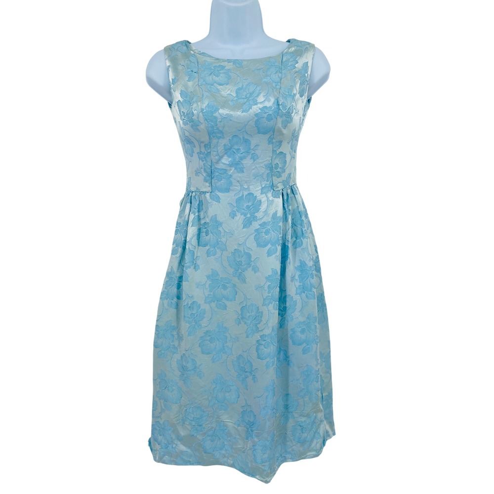 Vintage Floral Brocade Dress Womens Blue Sleeveless Fit & Flare Midi